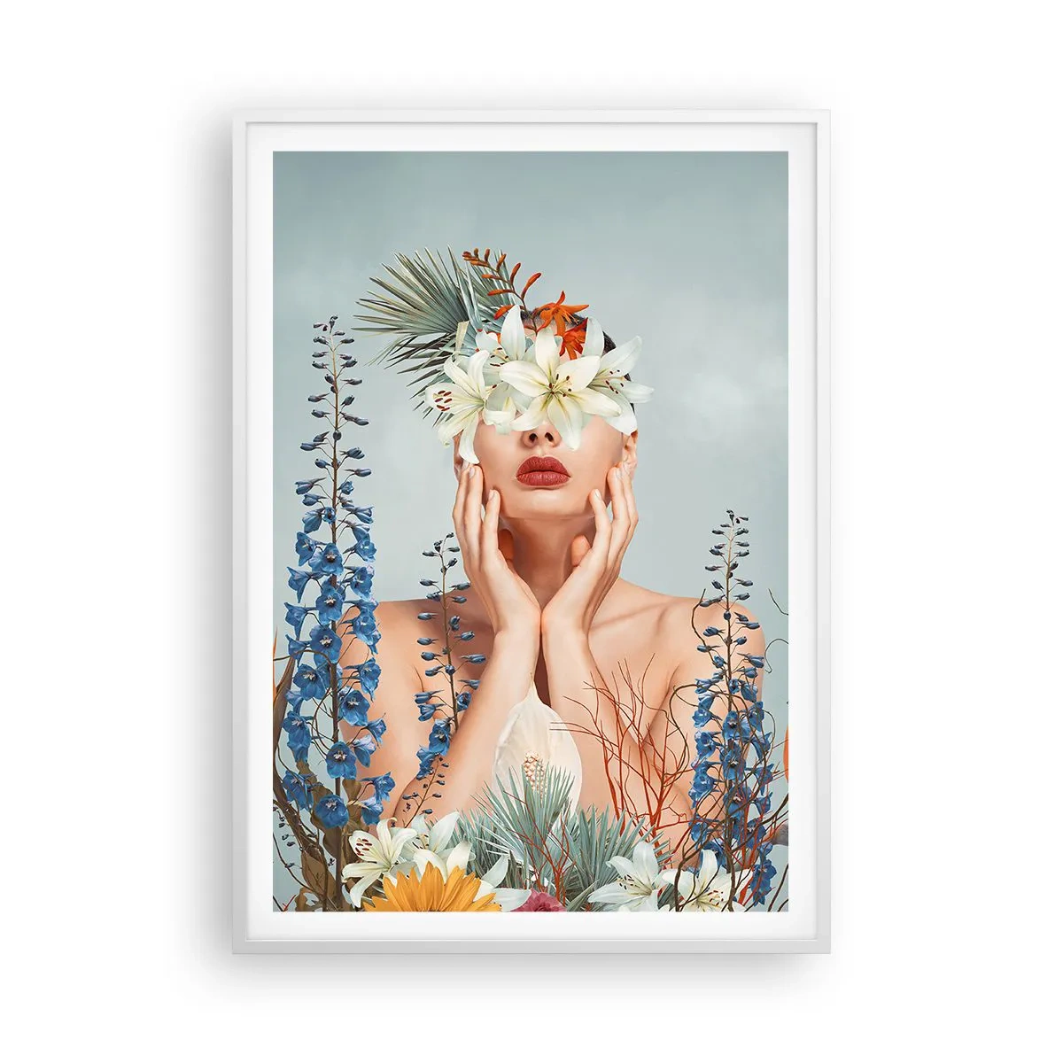 Plagát v bielom ráme - Žena – kvetina - 70x100 cm