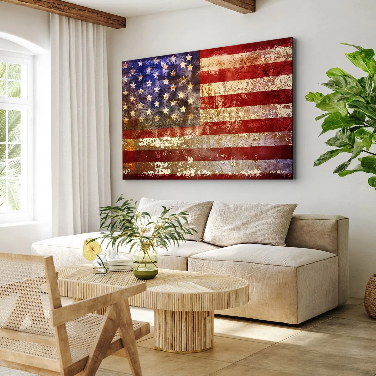 Obraz na plátne - Štylizovaná vlajka USA so starnúcim efektom - 70x50cm - Chvála nekončí - Moderná nástenná dekorácia do obývacej izby a spálne ARTTOR