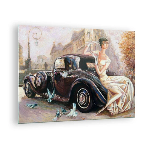 Obraz na skle - Elegantná žena pri retro aute v mestskom prostredí - 70x50cm - Elegancia v retro štýle - Moderná nástenná dekorácia do obývacej izby a spálne ARTTOR