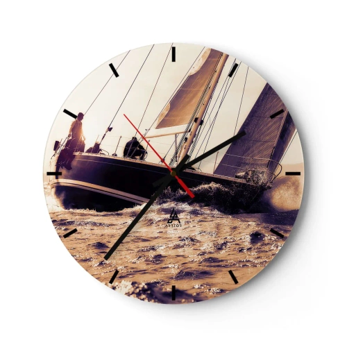 Nástenné hodiny - Jachta plachtiaca po rozbúrenom mori za slnečného svitu - 30x30cm - Plav, námorník - Moderná nástenná dekorácia do obývacej izby, kuchyne a spálne ARTTOR