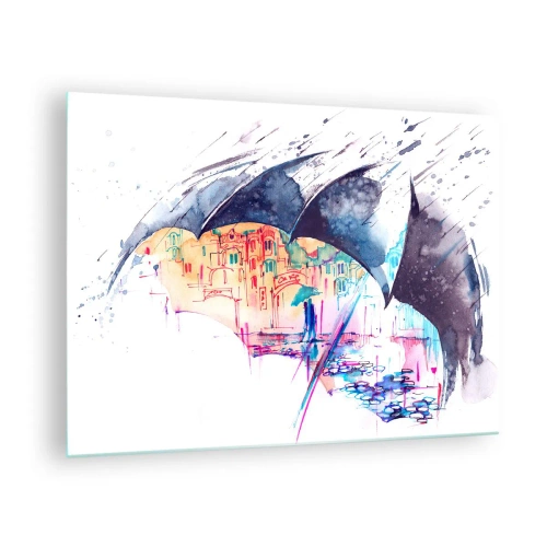 Obraz na skle - Farebné mesto v pozadí pod čiernym dáždnikom - 70x50cm - Prechádzka v daždi - Moderná nástenná dekorácia do obývacej izby a spálne ARTTOR