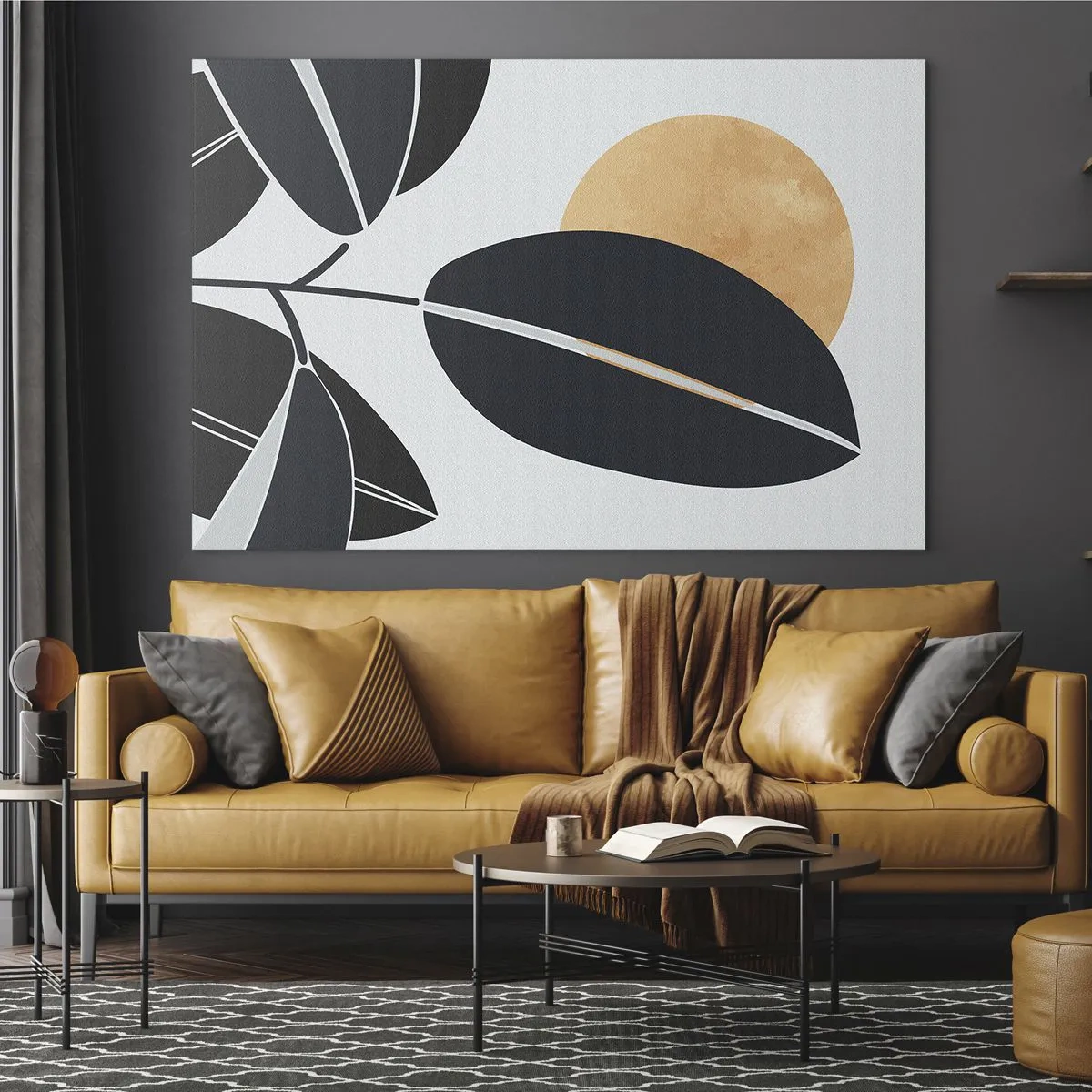 Obraz na skle - Štylizované listy v čiernej farbe s oranžovým slnkom v pozadí - 70x50cm - Deň horúceho leta - Moderná nástenná dekorácia do obývacej izby a spálne ARTTOR