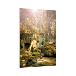 Obraz na skle - Lesný vodopád v zeleni - 70x100 cm