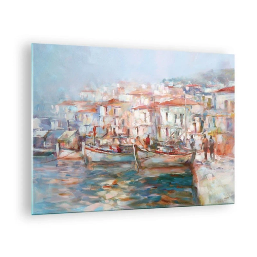 Obraz na skle - Malebný prístav s loďkami v pastelových farbách - 70x50cm - Pastelová dovolenka - Moderná nástenná dekorácia do obývacej izby a spálne ARTTOR