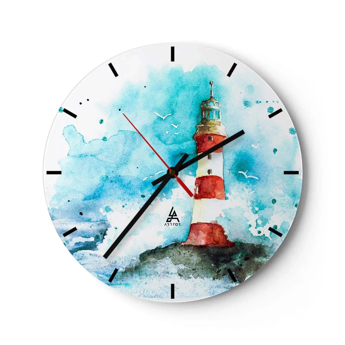 Nástenné hodiny - Maják proti akvarelovej oblohe - 30x30cm - Jednota živlov - Moderná nástenná dekorácia do obývacej izby, kuchyne a spálne ARTTOR