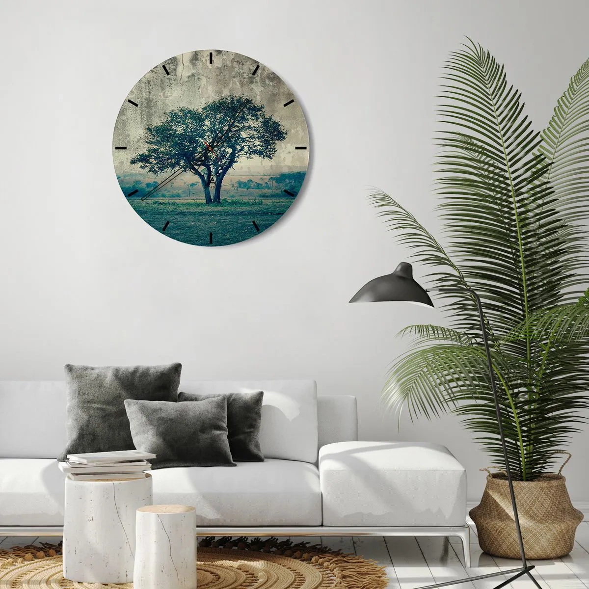 Nástenné hodiny - Osamelý strom na pozadí modrej krajiny - 30x30cm - Jabloň na modrom poli? - Moderná nástenná dekorácia do obývacej izby, kuchyne a spálne ARTTOR