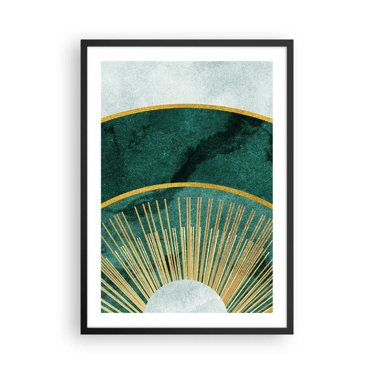 Plagát v čiernom ráme - Elegantná geometrická kompozícia v odtieňoch zelenej a zlatej - 50x70cm - Iná slnečná sústava - Moderná nástenná dekorácia do obývacej izby a spálne ARTTOR