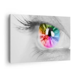 Obraz na plátne - Umelecká snímka oka s dúhovou dúhovkou na sivom pozadí - 70x50cm - Pozerať sa na svet farebne - Moderná nástenná dekorácia do obývacej izby a spálne ARTTOR