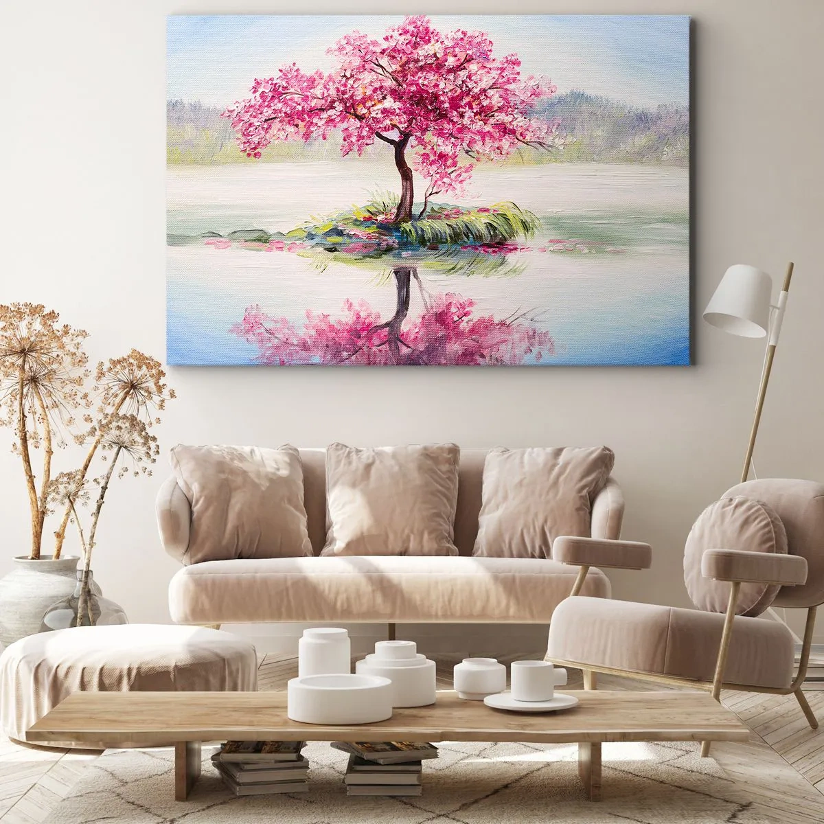 Obraz na plátne - Kvitnúci strom na stojatej vode - 70x50cm - Sviatok jari - Moderná nástenná dekorácia do obývacej izby a spálne ARTTOR