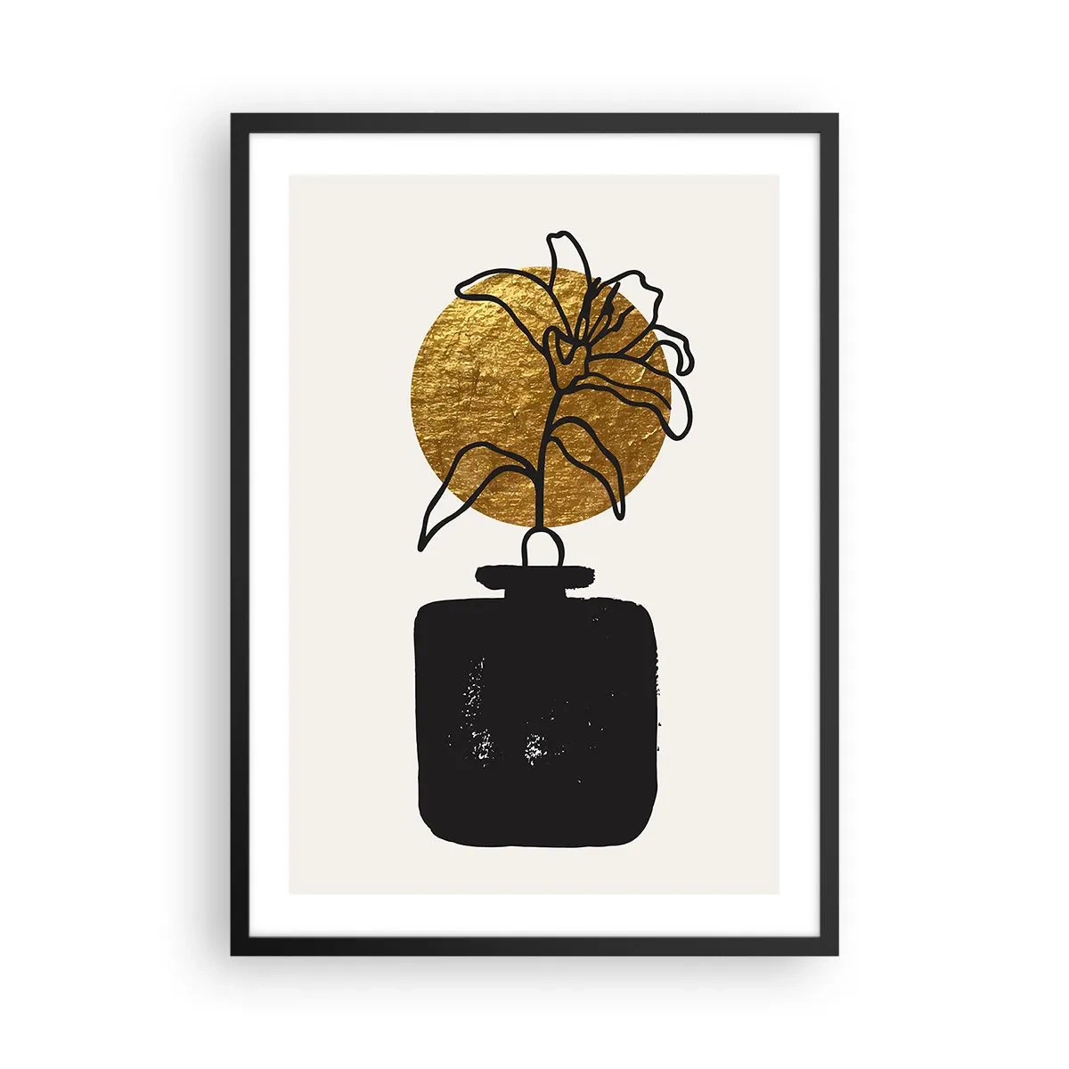 Plagát v čiernom ráme - Abstraktná kompozícia s kvetom a zlatým kruhom - 50x70cm - Krása, ktorá má cenu zlata - Moderná nástenná dekorácia do obývacej izby a spálne ARTTOR