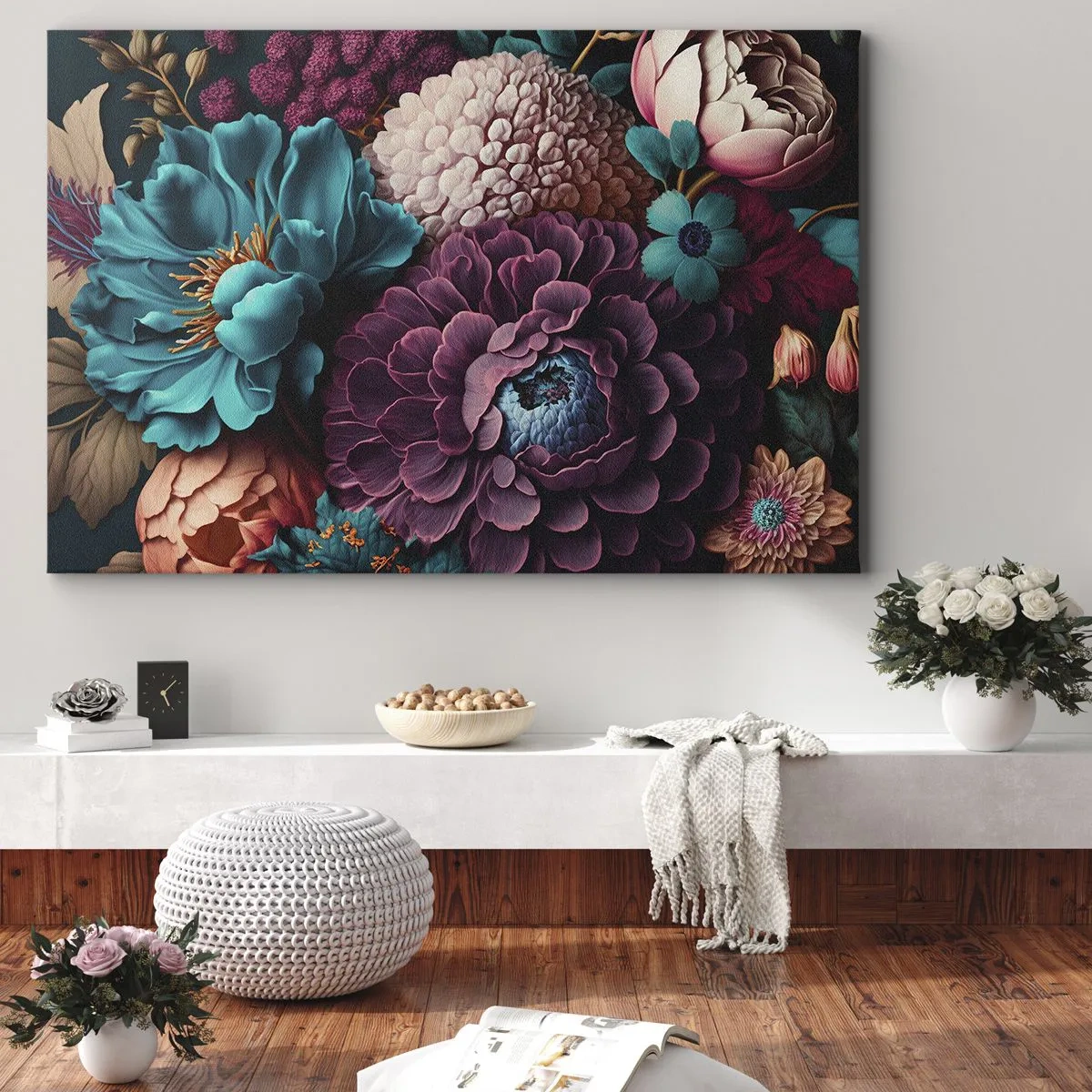 Obraz na plátne - Kytica kvetov v intenzívnych farbách na tmavom pozadí - 70x50cm - Úroda prírody - Moderná nástenná dekorácia do obývacej izby a spálne ARTTOR