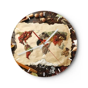 Nástenné hodiny - Mapa sveta vyrobená z korenia na drevenom pozadí - 30x30cm - Všetky chute sveta - Moderná nástenná dekorácia do obývacej izby, kuchyne a spálne ARTTOR