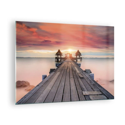 Obraz na skle - Drevené mólo vedúce k altánkom pri vode pri západe slnka - 70x50cm - Západ na východe - Moderná nástenná dekorácia do obývacej izby a spálne ARTTOR