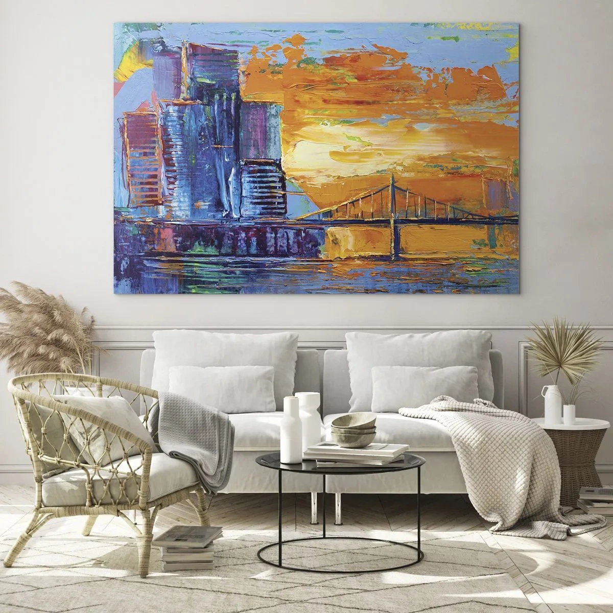 Obraz na skle - Farebné mesto a most v žiari zapadajúceho slnka - 70x50cm - Kultúra a príroda - Moderná nástenná dekorácia do obývacej izby a spálne ARTTOR