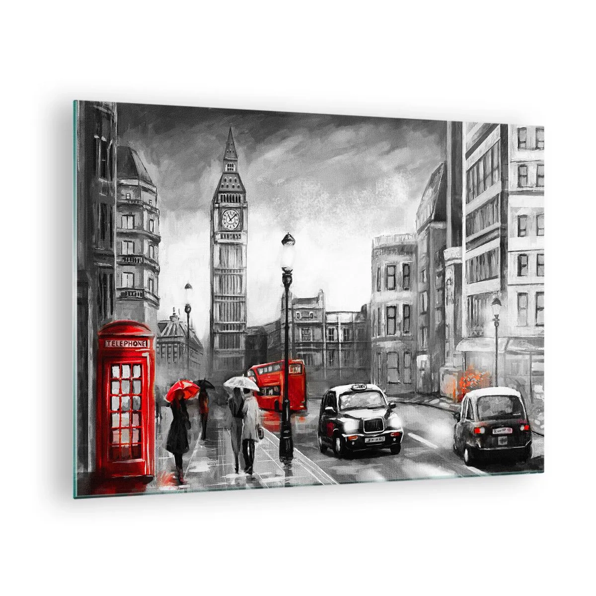 Obraz na skle - Big Ben a ulice Londýna s červenými akcentmi na sivom pozadí - 70x50cm - Vôbec nie šedé mesto - Moderná nástenná dekorácia do obývacej izby a spálne ARTTOR