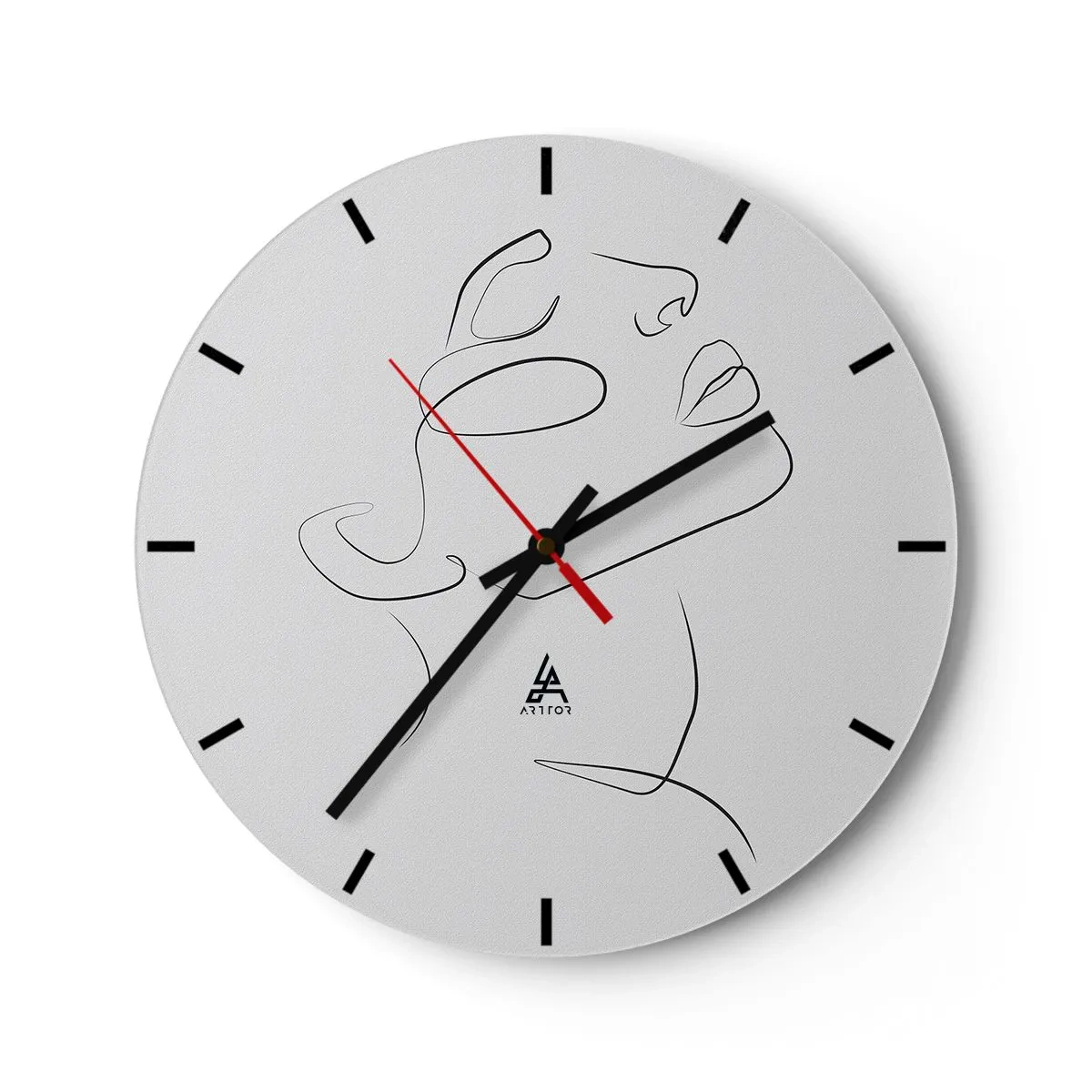 Nástenné hodiny - Minimalistický portrét ženy vytvorený čiarami na bielom pozadí. - 30x30cm - Meandre sna - Moderná nástenná dekorácia do obývacej izby, kuchyne a spálne ARTTOR