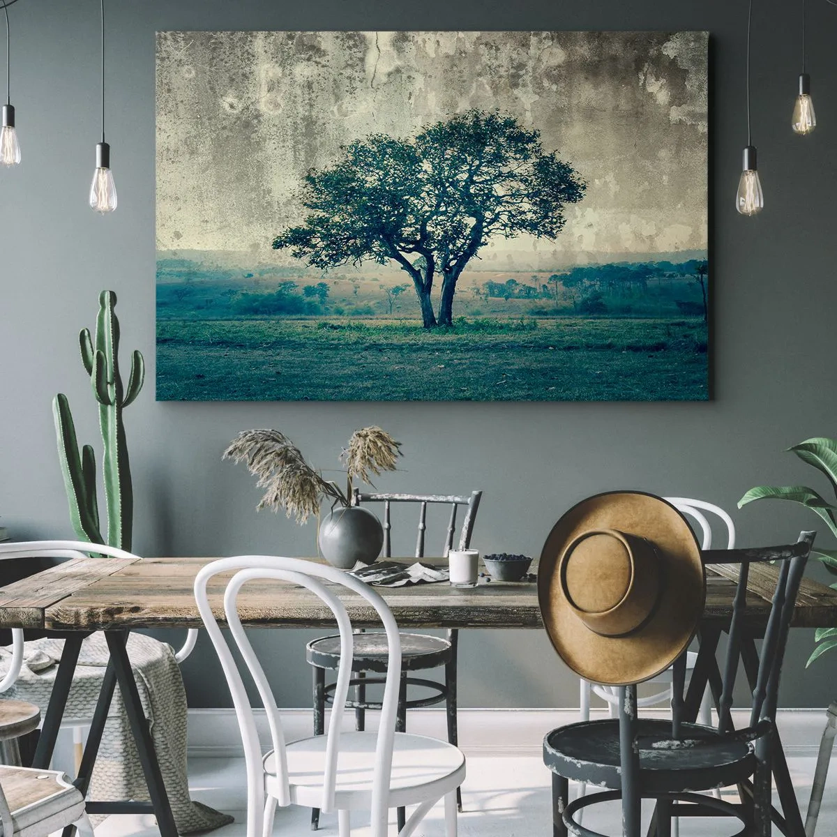 Obraz na plátne - Osamelý strom na pozadí hmlistej krajiny - 70x50cm - Jabloň na modrom poli? - Moderná nástenná dekorácia do obývacej izby a spálne ARTTOR