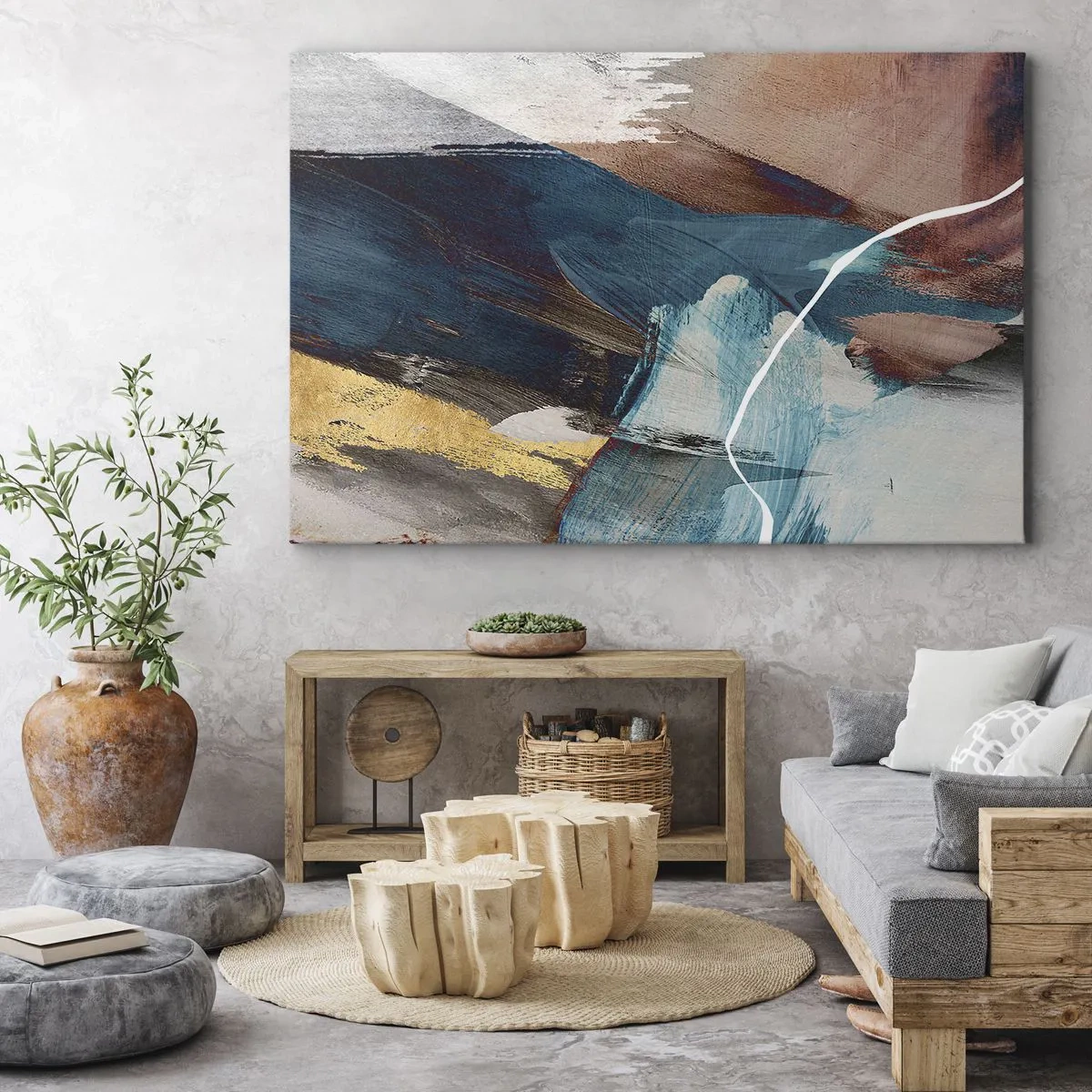 Obraz na plátne - Abstraktné ťahy štetcom v odtieňoch modrej a zlatej - 70x50cm - Na plno a s energiou - Moderná nástenná dekorácia do obývacej izby a spálne ARTTOR