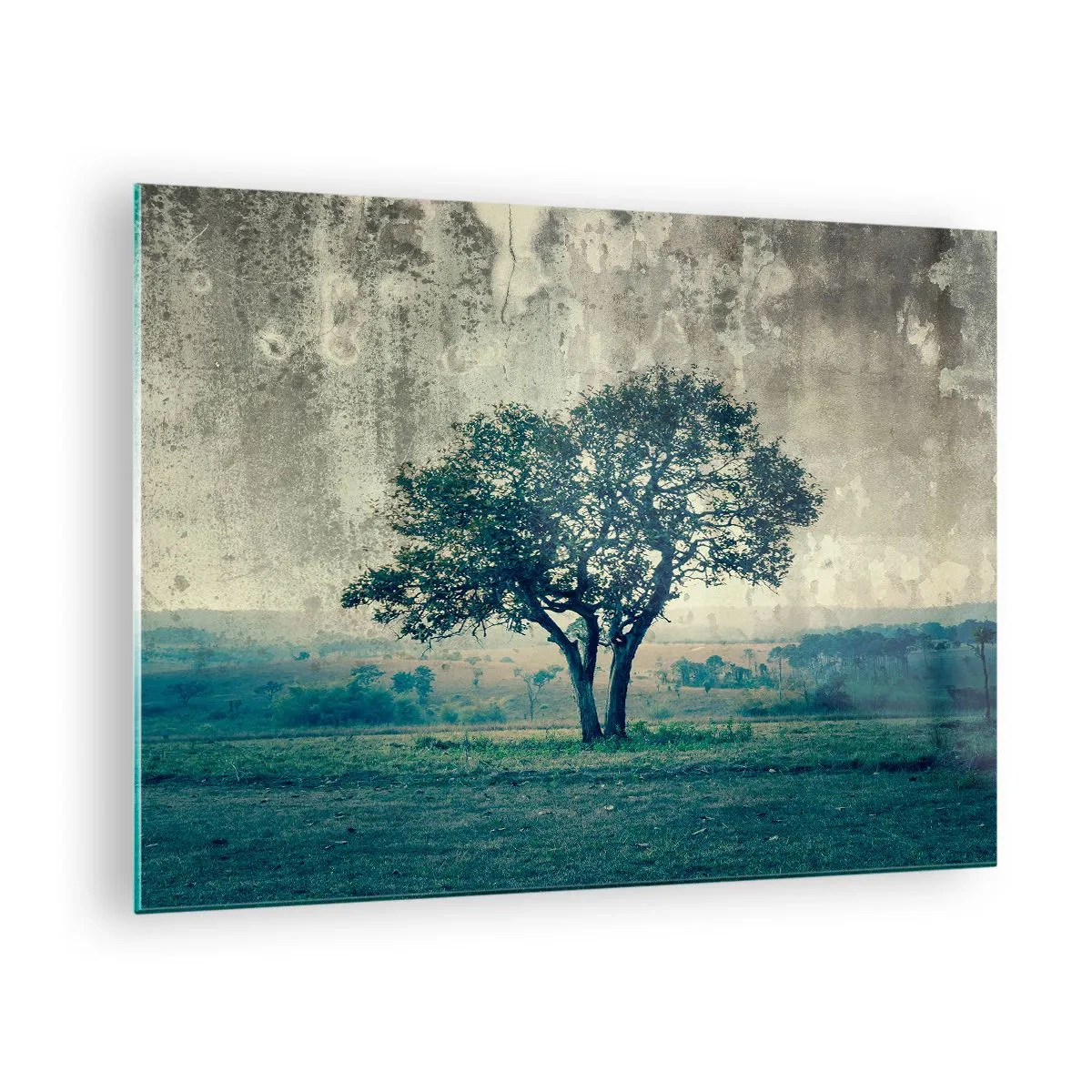 Obraz na skle - Osamelý strom vo vintage krajine - 70x50cm - Jabloň na modrom poli? - Moderná nástenná dekorácia do obývacej izby a spálne ARTTOR