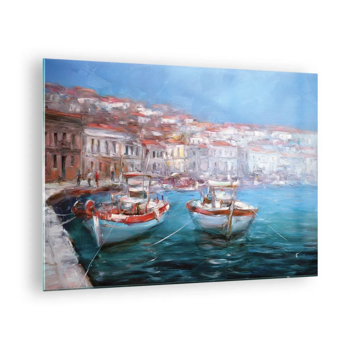Obraz na skle - Rybársky prístav s loďami na pozadí talianskych budov a modrej oblohy - 70x50cm - Taliansky záliv - Moderná nástenná dekorácia do obývacej izby a spálne ARTTOR