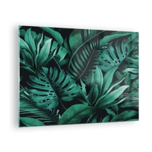 Obraz na skle - Svieže zelené listy v tropickej kompozícii - 70x50cm - Hĺbka tropickej zelene - Moderná nástenná dekorácia do obývacej izby a spálne ARTTOR