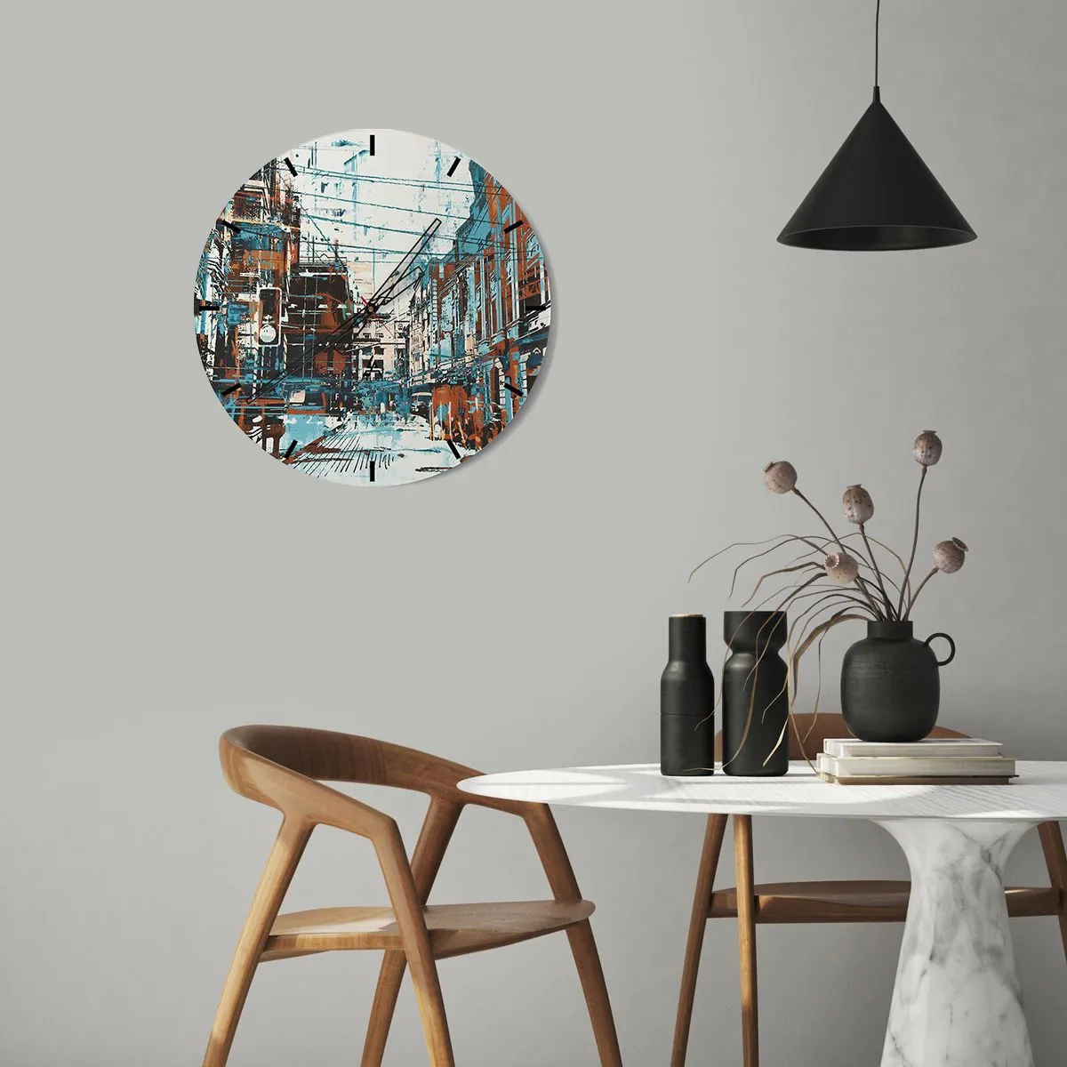 Nástenné hodiny - Abstraktná mestská ulica v odtieňoch modrej a hnedej - 30x30cm - Zdolaný mestský chodník - Moderná nástenná dekorácia do obývacej izby, kuchyne a spálne ARTTOR