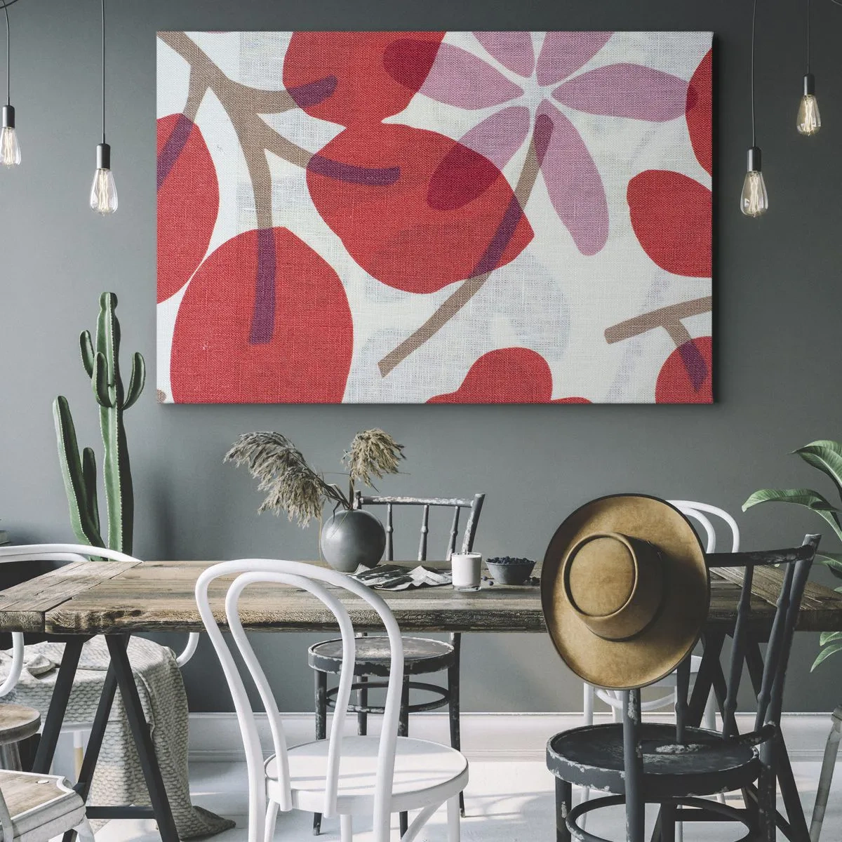 Obraz na plátne - Kvety a listy v odtieňoch červenej a ružovej - 70x50cm - Kvetinová kompozícia v ružovej - Moderná nástenná dekorácia do obývacej izby a spálne ARTTOR
