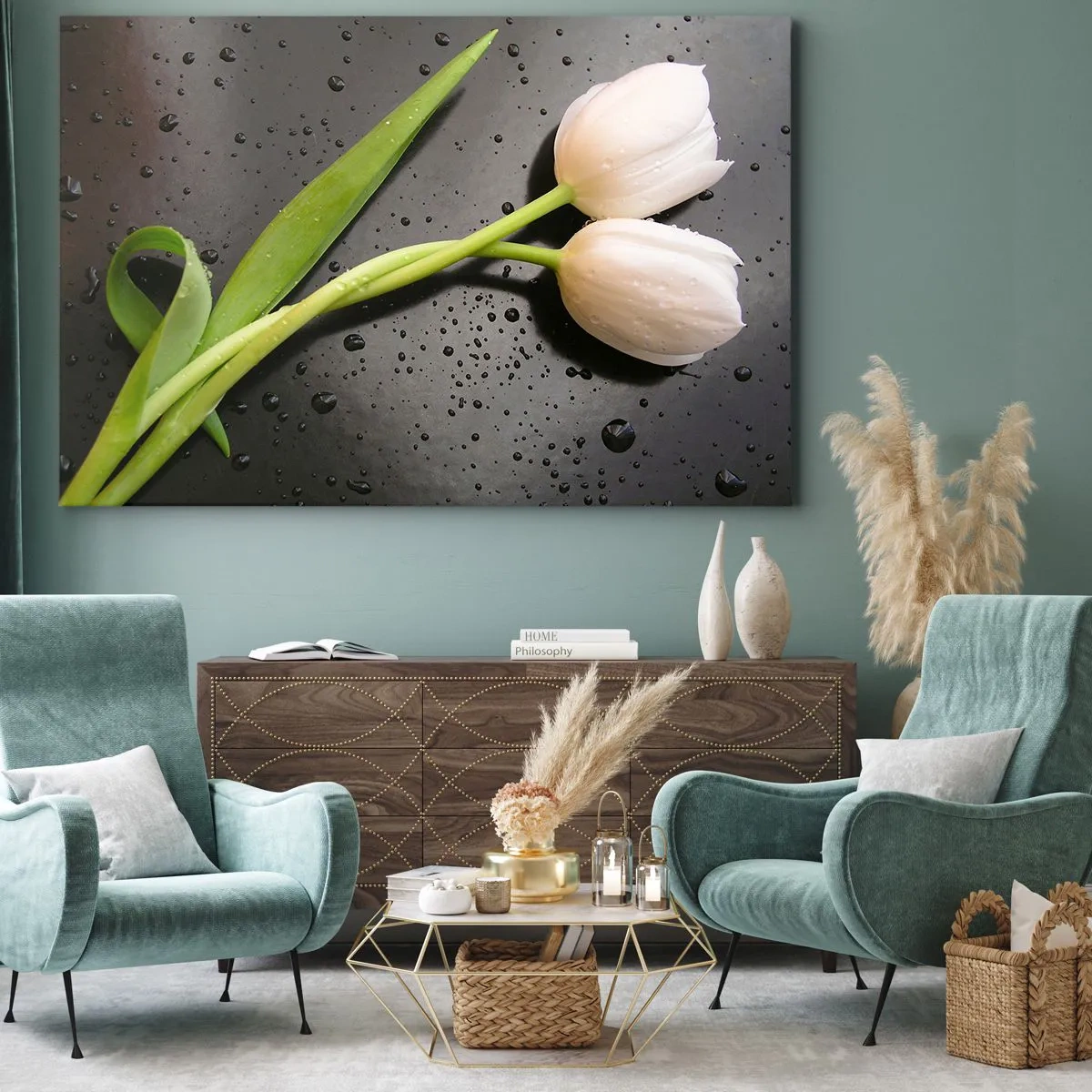Obraz na plátne - Biele tulipány na čiernom pozadí s kvapkami vody - 70x50cm - Jarná väzba - Moderná nástenná dekorácia do obývacej izby a spálne ARTTOR