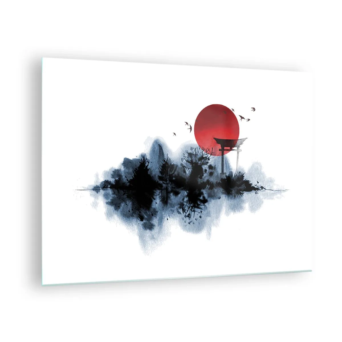 Obraz na skle - Minimalistická krajina s bránou torii a červeným slnkom. - 70x50cm - Japonský pohľad - Moderná nástenná dekorácia do obývacej izby a spálne ARTTOR