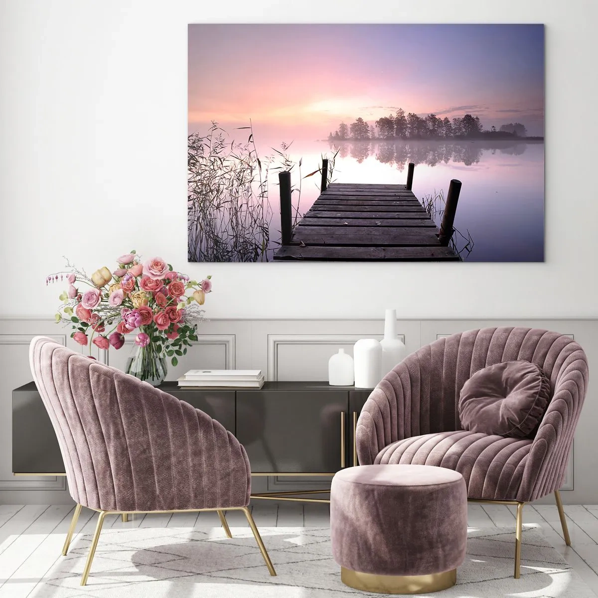 Obraz na skle - Mólo pri východe slnka nad pokojným jazerom - 70x50cm - Z ľaliovej hmly… - Moderná nástenná dekorácia do obývacej izby a spálne ARTTOR