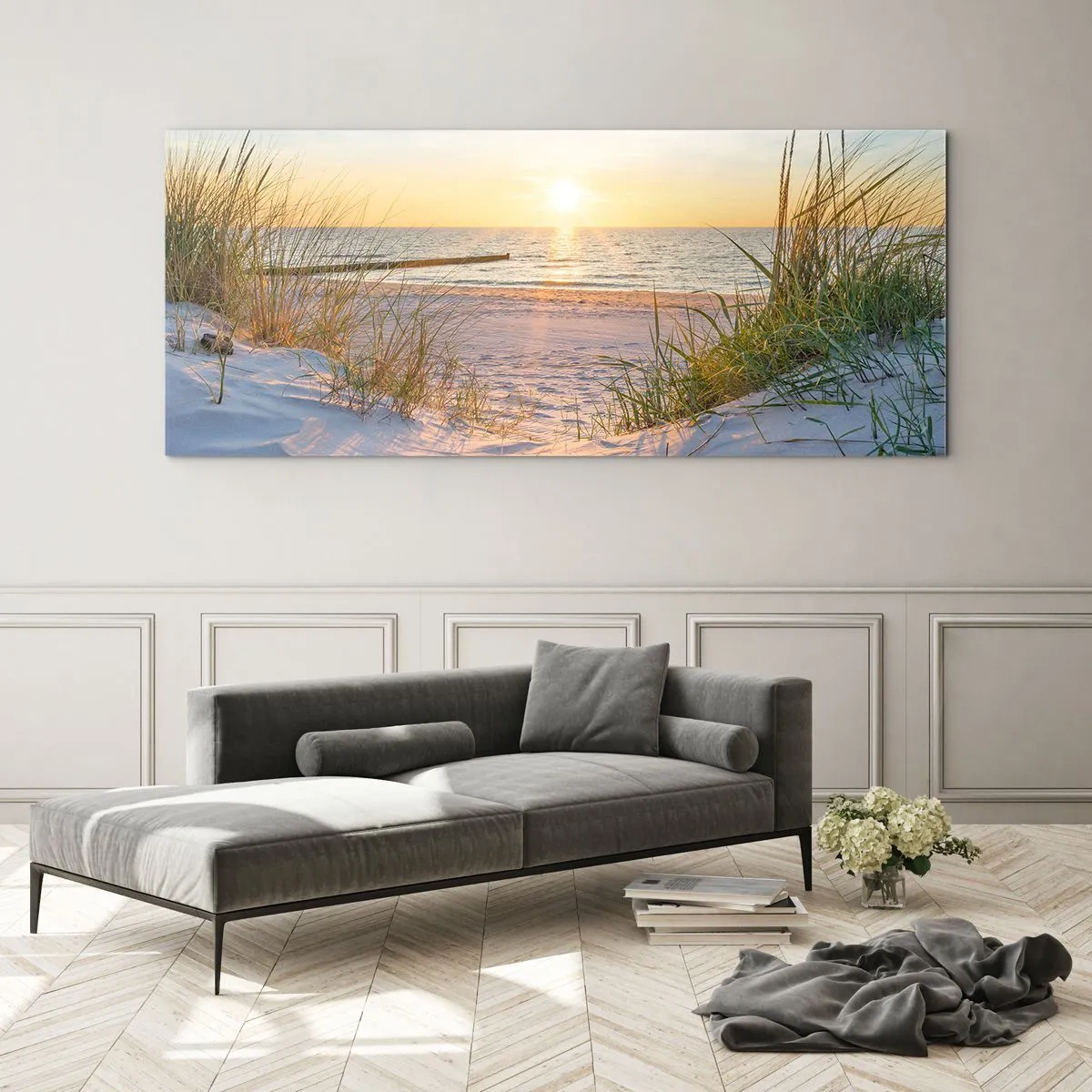 Obraz na skle - Šumenie mora, spev vtákov, divoká pláž uprostred trávy… - 100x40 cm