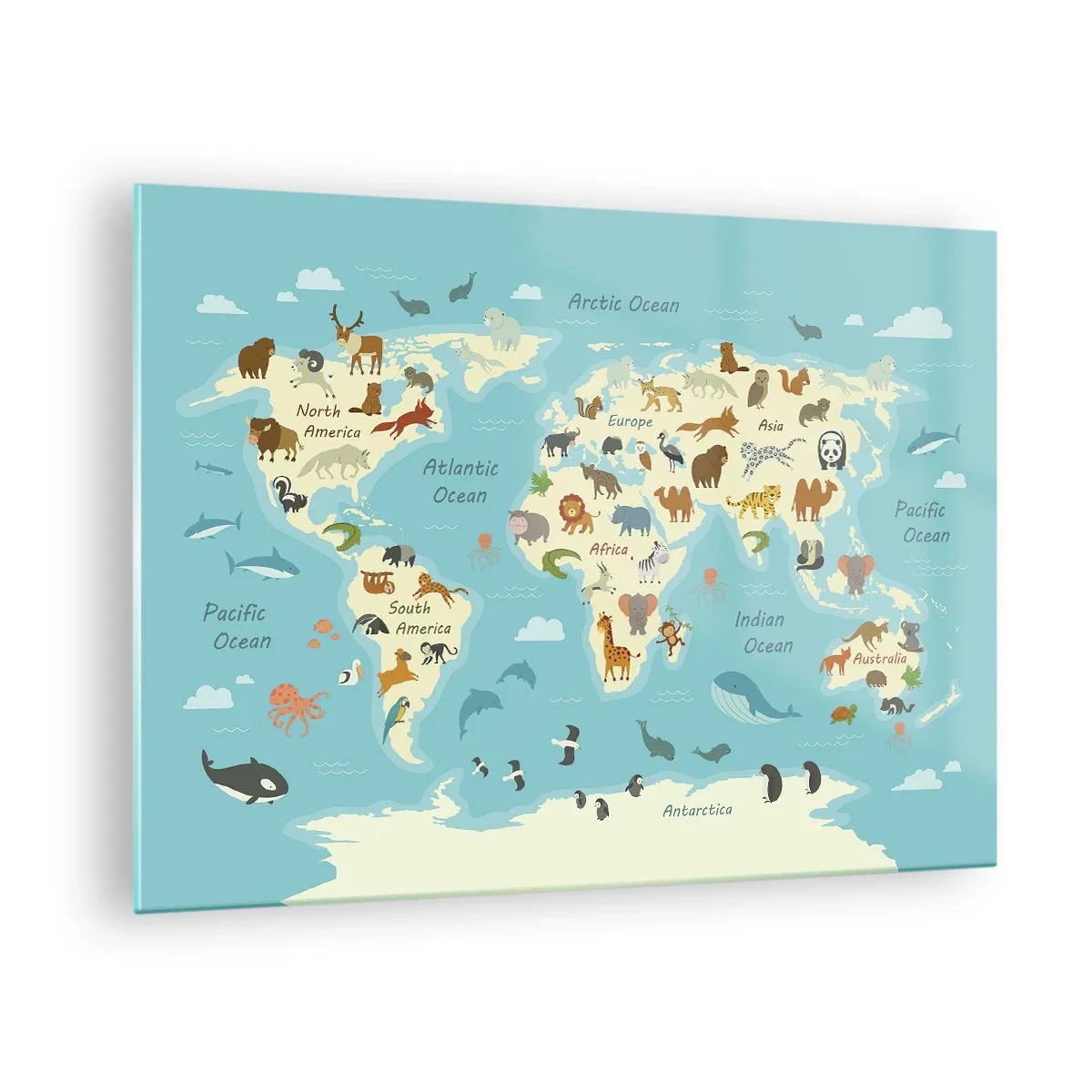 Obraz na skle - Farebná mapa sveta s ilustráciami zvierat z rôznych kontinentov. - 70x50cm - Dobrí susedia - Moderná nástenná dekorácia do obývacej izby a spálne ARTTOR