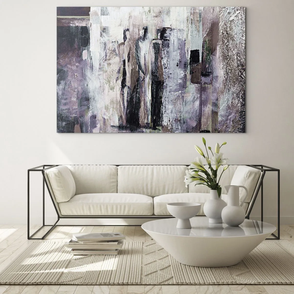 Obraz na skle - Abstraktné siluety postáv na textúrovanom maľovanom pozadí - 70x50cm - Tajomná trojica - Moderná nástenná dekorácia do obývacej izby a spálne ARTTOR