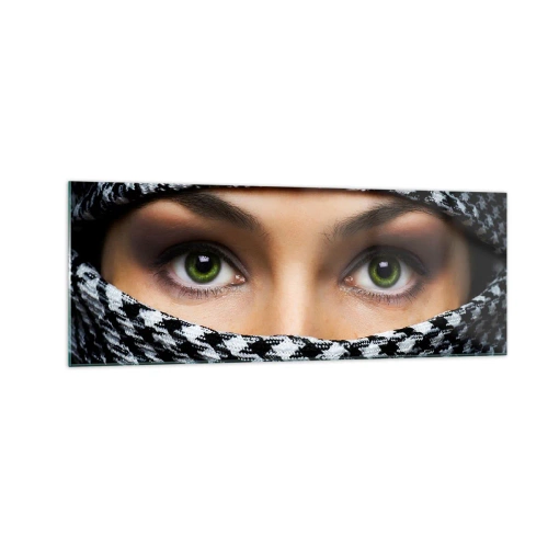 Obraz na skle - Portrét zahalenej zelenookej krásky - 140x50 cm