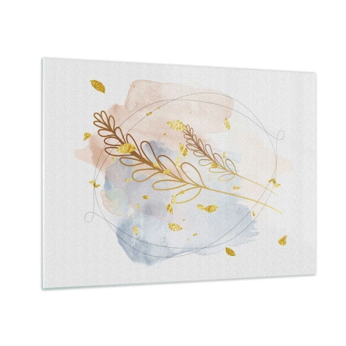 Obraz na skle - Jemná kompozícia s vetvičkami a zlatými listami v akvareloch - 70x50cm - Zlatý závan - Moderná nástenná dekorácia do obývacej izby a spálne ARTTOR