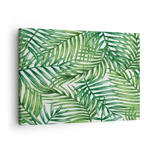 Obraz na plátne - Zelené tropické palmové listy na svetlom pozadí - 70x50cm - Pod zeleným baldachýnom - Moderná nástenná dekorácia do obývacej izby a spálne ARTTOR