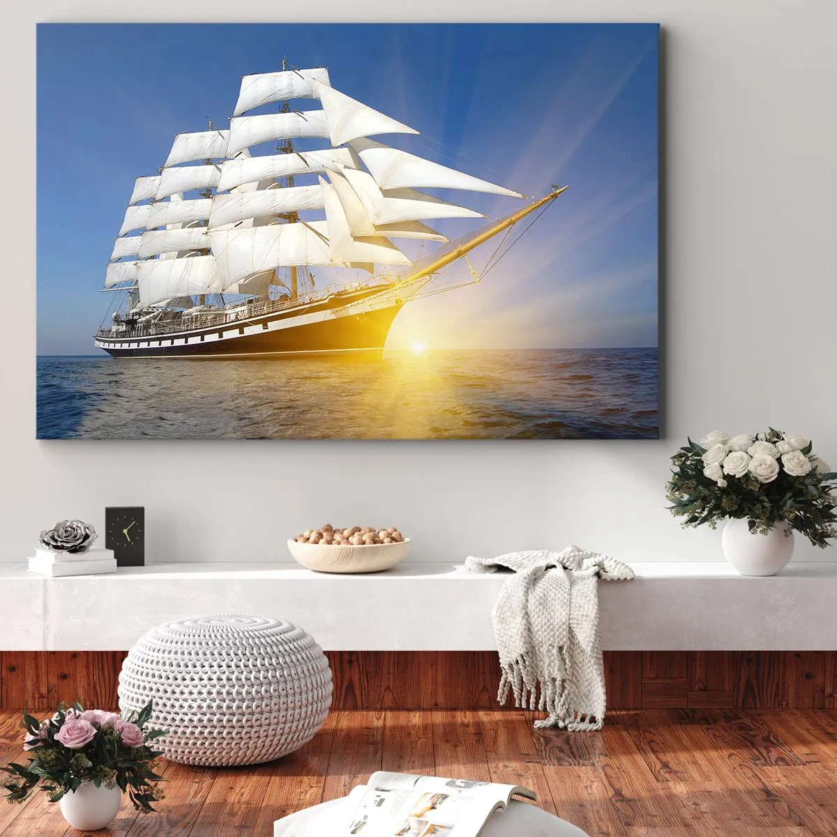 Obraz na plátne - Plachetnica na mori vo svetle zapadajúceho slnka - 70x50cm - Ich čas nikdy nepominie - Moderná nástenná dekorácia do obývacej izby a spálne ARTTOR