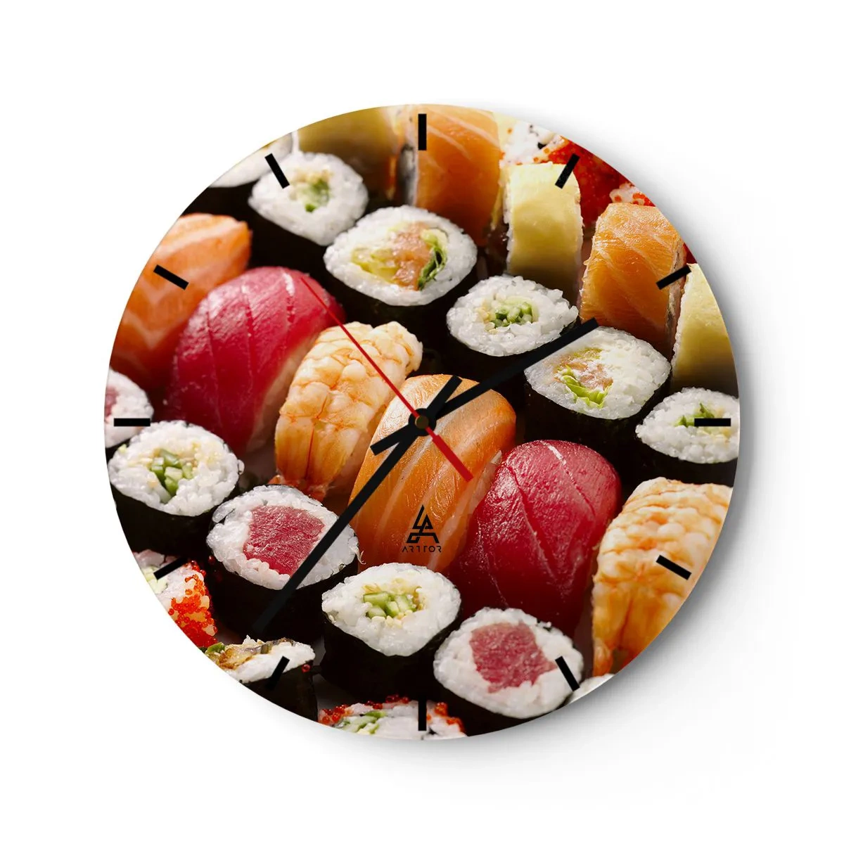 Nástenné hodiny - Detailný záber farebného sushi v rôznych typoch - 30x30cm - Farby a chute Ázie - Moderná nástenná dekorácia do obývacej izby, kuchyne a spálne ARTTOR