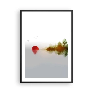 Plagát v čiernom ráme - Minimalistická krajina s červeným slnkom a jazerom. - 50x70cm - Prísľub pokoja - Moderná nástenná dekorácia do obývacej izby a spálne ARTTOR
