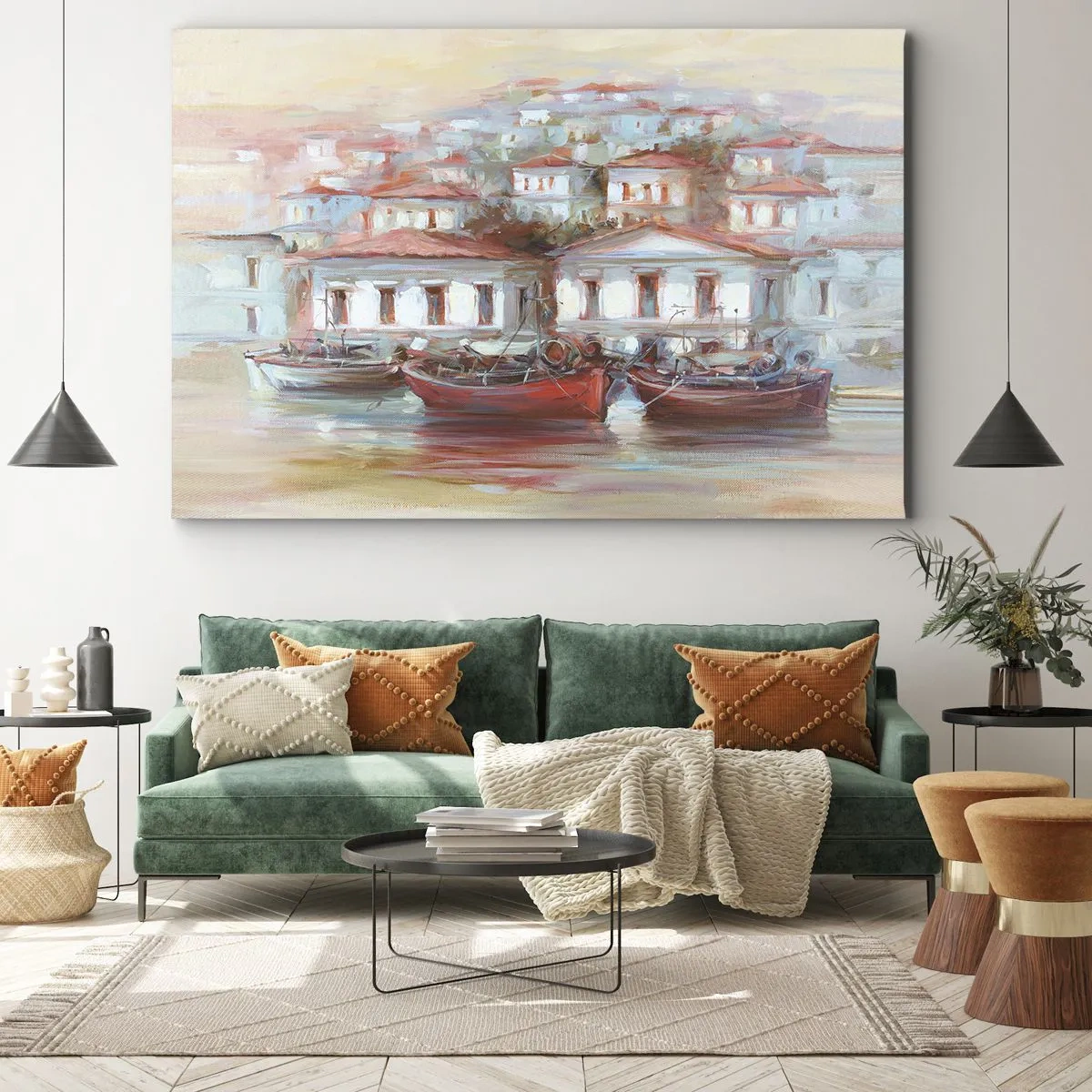 Obraz na plátne - Farebné lode a malebné budovy pri vode v pastelových odtieňoch - 70x50cm - Šťastné mestečko - Moderná nástenná dekorácia do obývacej izby a spálne ARTTOR