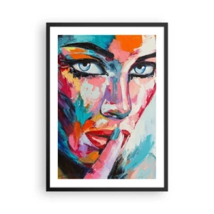 Plagát v čiernom ráme - Farebný portrét ženy v expresívnom štýle - 50x70cm - Naše prvé tajomstvo - Moderná nástenná dekorácia do obývacej izby a spálne ARTTOR