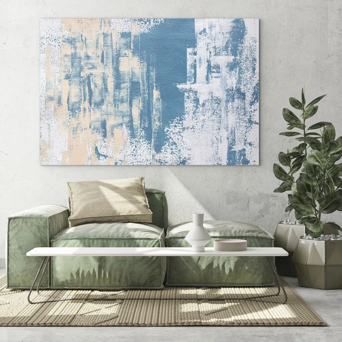 Obraz na skle - Abstrakcia v modrej a béžovej farbe s textúrou štetca - 70x50cm - Cez cencúľ - Moderná nástenná dekorácia do obývacej izby a spálne ARTTOR