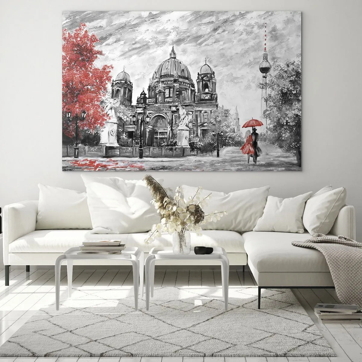 Obraz na skle - Berlínska katedrála s červeným akcentom v monochromatických tónoch - 70x50cm - Berlínske stretnutie - Moderná nástenná dekorácia do obývacej izby a spálne ARTTOR