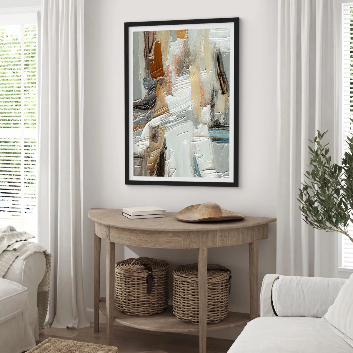 Plagát v čiernom ráme - Textúrna abstrakcia v neutrálnych odtieňoch - 50x70cm - Farebné nahromadenie - Moderná nástenná dekorácia do obývacej izby a spálne ARTTOR