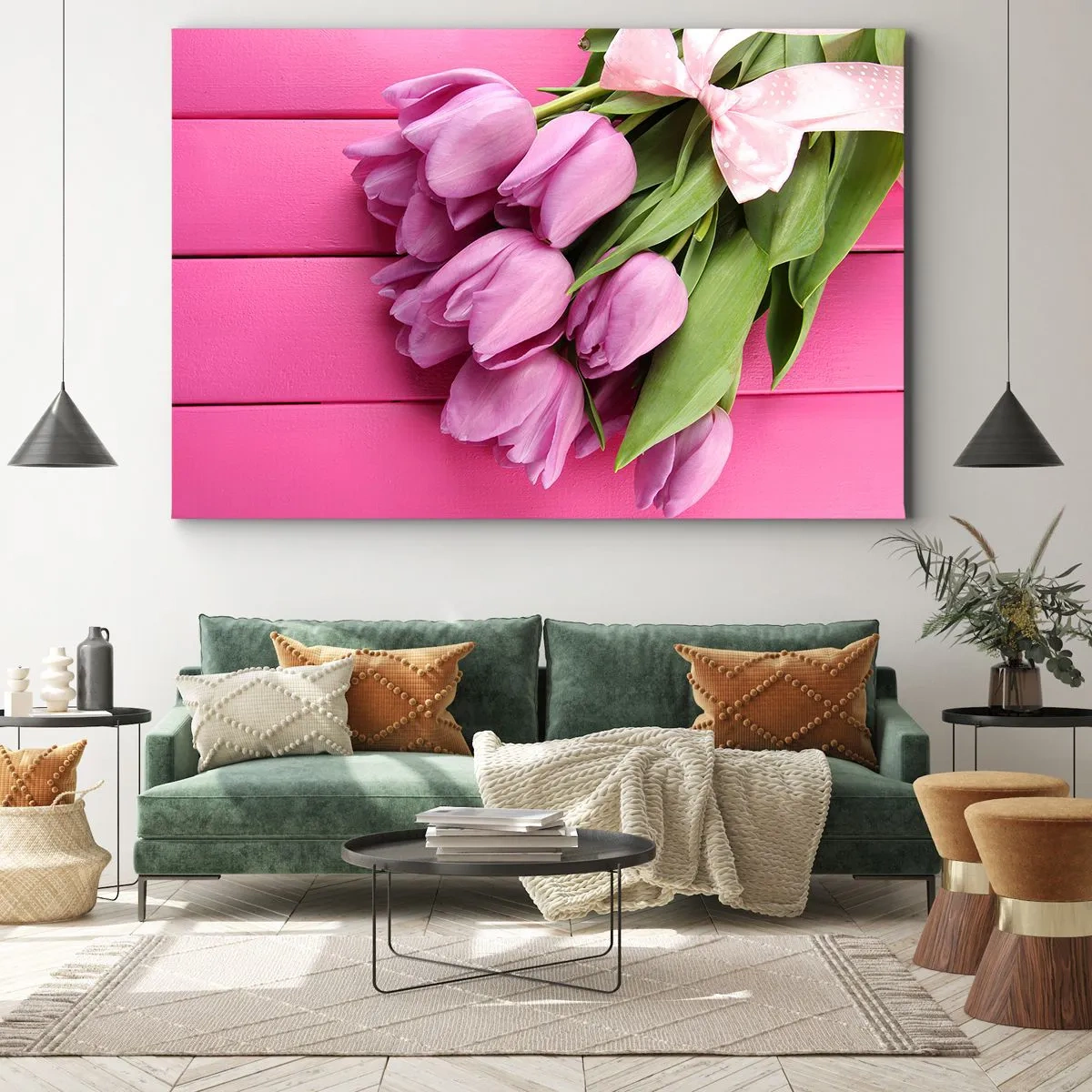 Obraz na plátne - Kytica ružových tulipánov s mašľou na ružovom pozadí - 70x50cm - Práve pre teba - Moderná nástenná dekorácia do obývacej izby a spálne ARTTOR