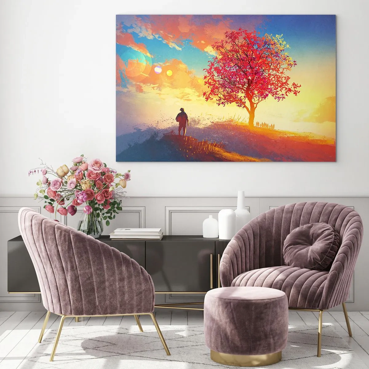 Obraz na skle - Postava na pozadí farebnej oblohy a stromu v teplých farbách - 70x50cm - Pútnik pri cieli - Moderná nástenná dekorácia do obývacej izby a spálne ARTTOR
