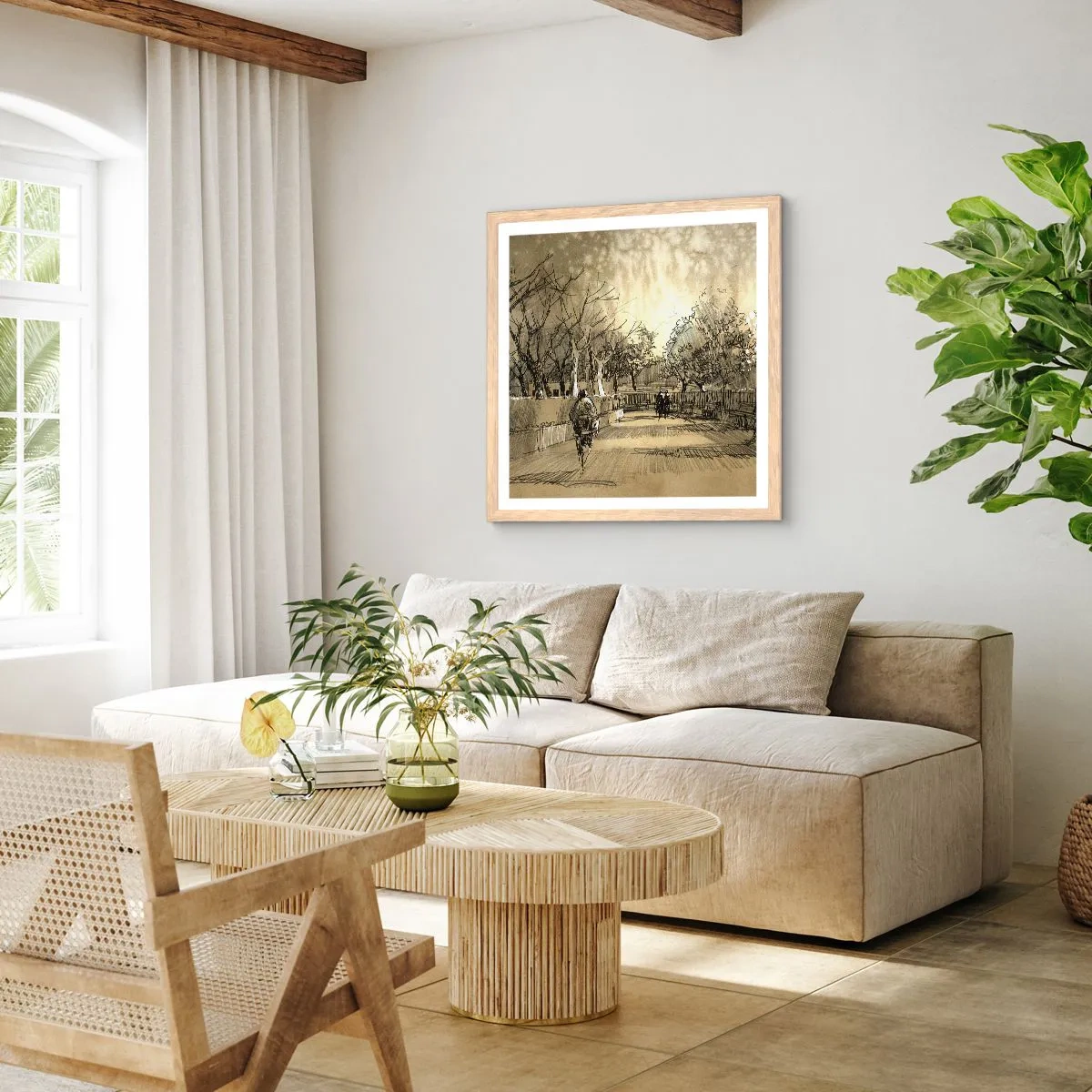 Plagát v ráme zo svetlého duba - Pierkom zastavený okamih - 50x50 cm
