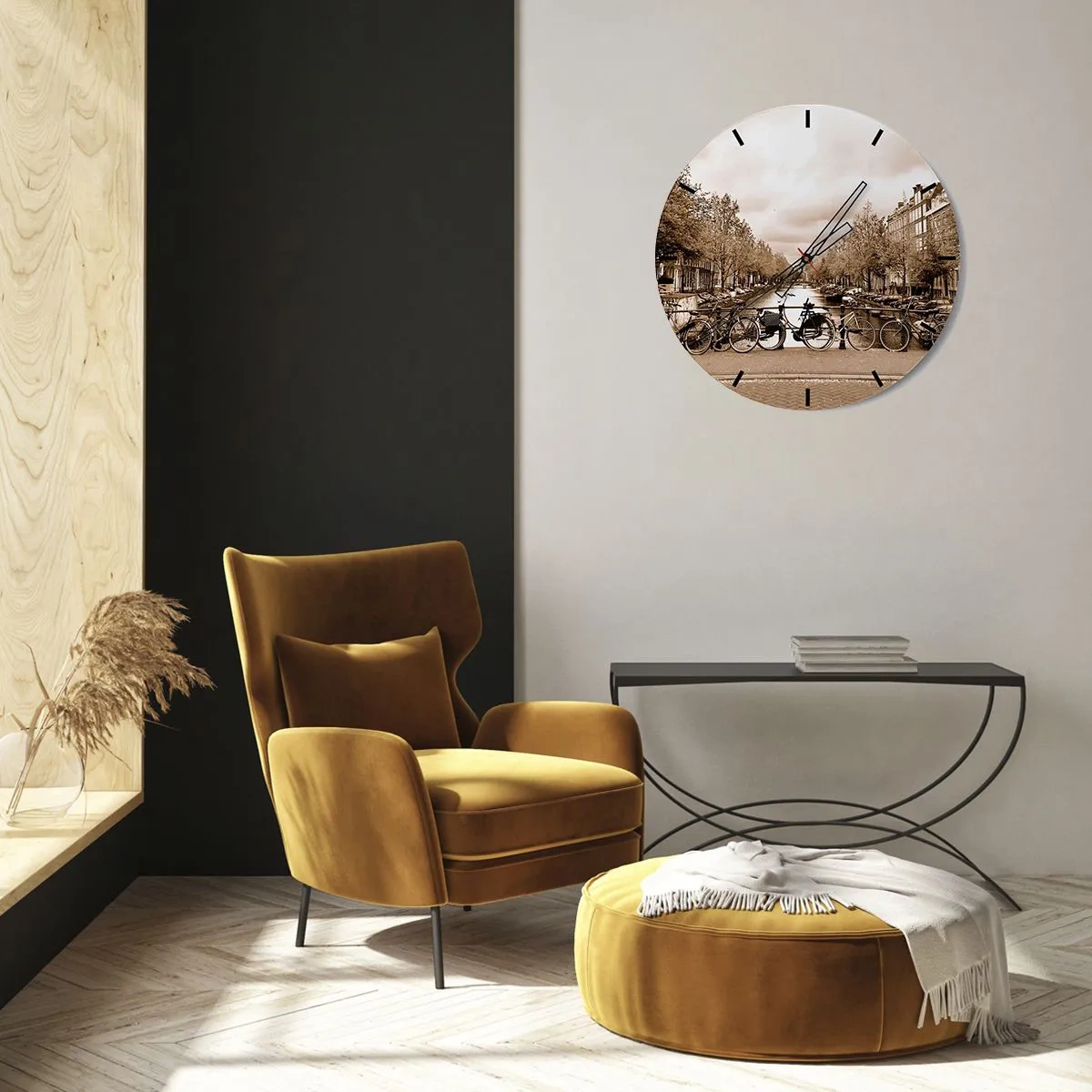 Nástenné hodiny - Kanál Sepia Bike - 30x30cm - Holandská atmosféra - Moderná nástenná dekorácia do obývacej izby, kuchyne a spálne ARTTOR