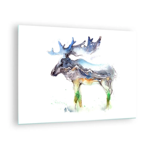 Obraz na skle - Akvarelová maľba losa s motívom siluety hory - 70x50cm - Hrdina zimného príbehu - Moderná nástenná dekorácia do obývacej izby a spálne ARTTOR