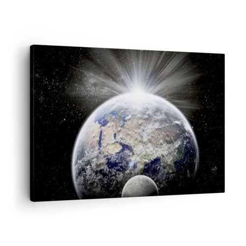 Obraz na plátne - Zem a Mesiac osvetlené žiarou vesmíru - 70x50cm - V plnom lesku - Moderná nástenná dekorácia do obývacej izby a spálne ARTTOR